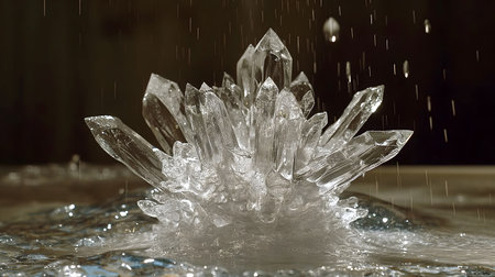 A stunning image capturing a dynamic splash of water and the intricate detail of sharp crystal structuresの素材