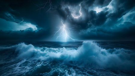 Dramatic Sea Storm with Intense Lightningの素材