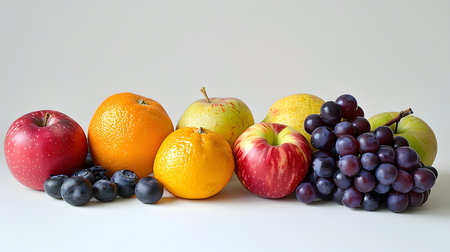 A variety of ripe, colorful fruits displayed against a neutral backdropの素材