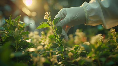 A close-up view of a hand in a white glove carefully inspecting a green plant.の素材