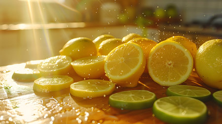 Lemon and Lime Slices on a Wooden Surfaceの素材