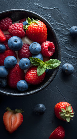 Assortment of Colorful Berries and Mint Leaf in a Dark Bowlの素材