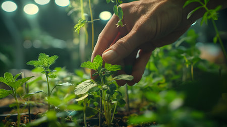 Hand tenderly caring for seedlings in an indoor garden environment.の素材