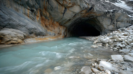 An imposing mountain cave with a turquoise river flowing through itの素材