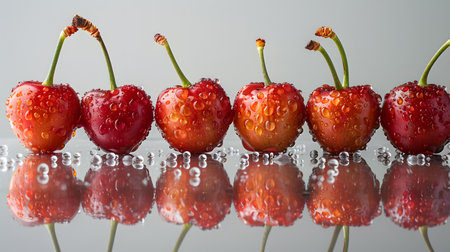 Dewy Red Cherries with Stems and Reflectionの素材