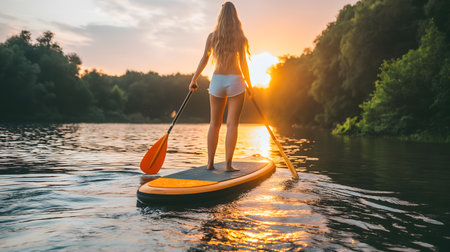A person stand-up paddleboarding during a tranquil sunset.の素材