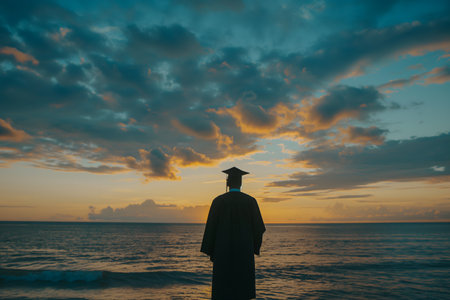 A solitary graduate in cap and gown overlooking the ocean at sunsetの素材