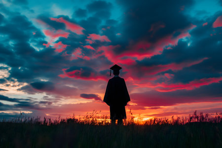 Silhouette of a graduate in cap and gown against a vibrant sunset.の素材