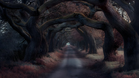 A mystical tree-lined path under evening huesの素材