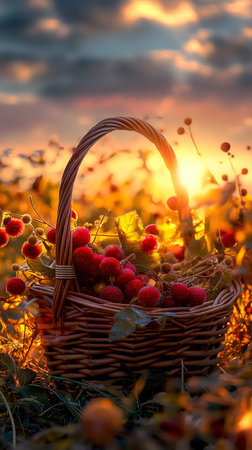 A wicker basket filled with red berries amid a field at sunset.の素材