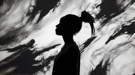 Artistic Image Featuring a Woman's Silhouette with Dynamic Monochrome Backgroundの素材