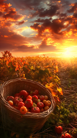 A serene sunset over an autumnal pumpkin harvest sceneの素材