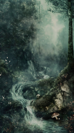 A mystical waterfall flowing amidst an ethereal forest landscape.の素材