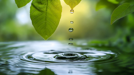 Close-up of Water Droplets Falling from Green Leaves to Rippling Waterの素材