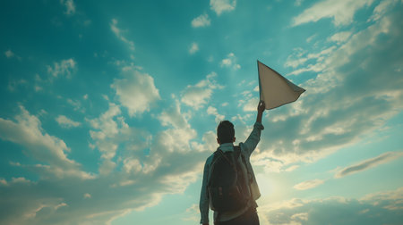 A person with a backpack holding up a flag against a beautiful cloudy skyの素材