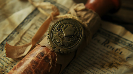 Close-up of an Old Wax Seal Stamp on Historical Paperの素材
