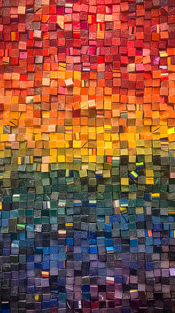 A vibrant mosaic composed of multicolored square tiles arranged in a gradient pattern.の素材