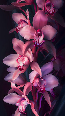 A cluster of striking pink orchids illuminated with soft, moody lighting.の素材