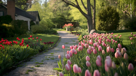 A picturesque garden path lined with vibrant tulips in bloom, guiding the eye towards a quaint home in the background.の素材