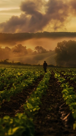 A tranquil morning scene with a person walking on a farm path amid sunlit fields and fog.の素材