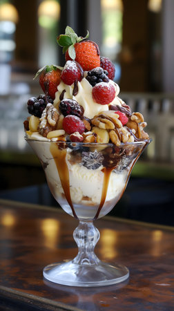 Decadent ice cream sundae topped with assorted berries, nuts, and chocolate sauceの素材