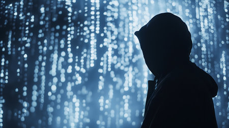 A hooded silhouette set against a backdrop of bright, bokeh digital light effects.の素材