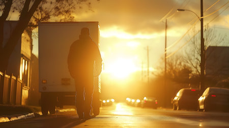 A golden sunset casting a silhouette of a person walking beside a parked truckの素材