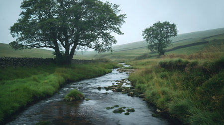 A tranquil stream flows through lush greenery under an overcast sky, flanked by a mature tree and stone walls.の素材