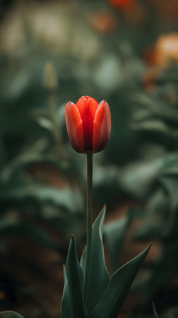 A vibrant red tulip blooms in sharp focus against a soft, verdant background.の素材