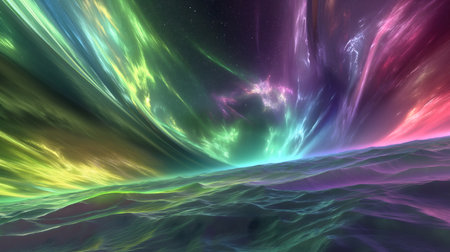 A digitally imagined scene of a majestic aurora with vibrant colors dancing over a surreal ocean landscape.の素材