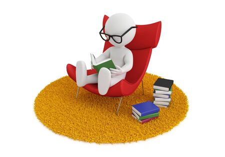 3d white people reads a book in chair, isolated white background, 3d imageの写真素材