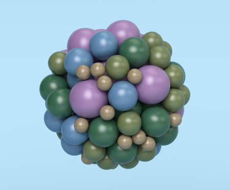 3D rendering, abstract geometric round shape made of colored spheres connected together. Realms of pink, blue, green, beige, isolated elements on a light blue backgroundの写真素材