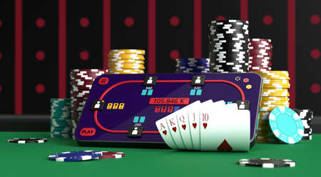 Online poker. Smartphone or mobile phone, poker chips, cards on a green table in a casino. 3D...
