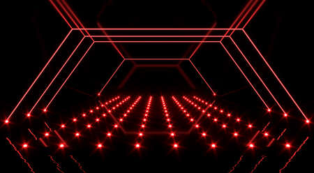 Sci Fi futuristic neon laser room with water red cybernetic underground space reflection studio Podium 3D image renderingの写真素材