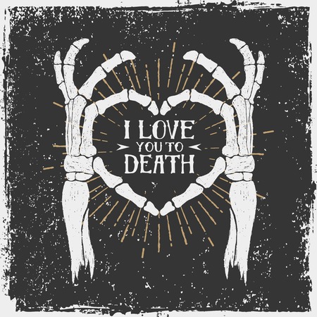 Hand drawn textured romantic poster with skeleton hands forming a heart vector illustration on the black background.のイラスト素材