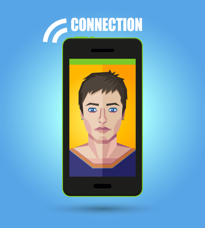 Vector illustration of a smartphone with a polygonal style human face. Video chat.のイラスト素材