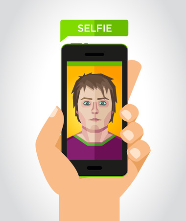 Vector illustration of a selfie with a smartphone and a human face in polygonal style.のイラスト素材