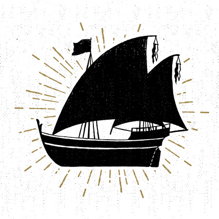 Hand drawn textured vintage icon with ship vector illustration.のイラスト素材