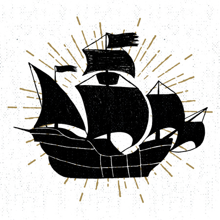 Hand drawn textured vintage icon with galleon ship vector illustration.のイラスト素材