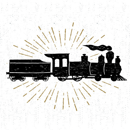 Hand drawn textured vintage icon with steam train vector illustration.のイラスト素材