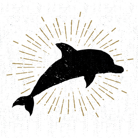 Hand drawn textured vintage icon with dolphin vector illustration.のイラスト素材