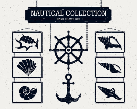 Hand drawn nautical collection of shells, anchor and ship helm.のイラスト素材