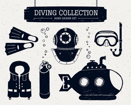 Hand drawn diving collection of elements. Scuba mask, helmet, oxygen cylinder, life jacket, bathyscaphe, and fins.のイラスト素材