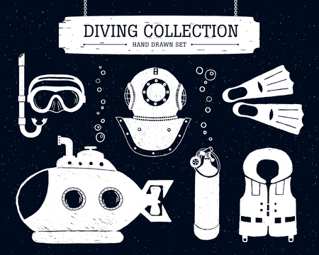 Hand drawn diving collection of elements on black background. Scuba mask, helmet, oxygen cyllinder, life jacket, bathyscaphe, and fins.のイラスト素材