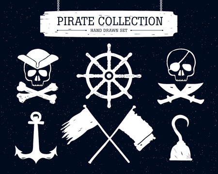 Hand drawn pirate collection of elements on black background.のイラスト素材