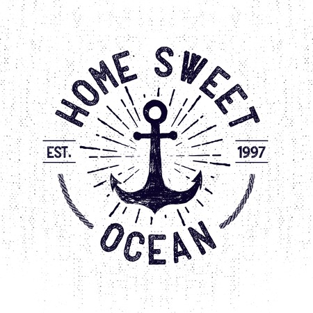 Hand drawn monochrome vintage sailor label, clothing apparel print, retro badge vector illustration with anchor, starburst, and lettering.のイラスト素材