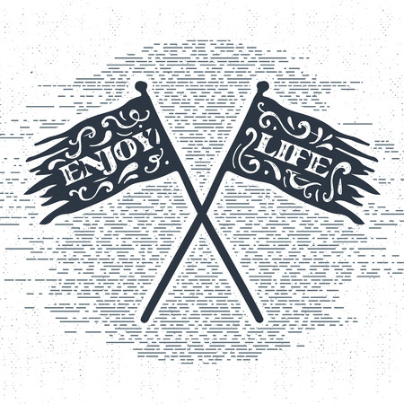 Hand drawn vintage label, retro badge with textured crossed flags vector illustration and "Enjoy life" inspiring lettering.のイラスト素材