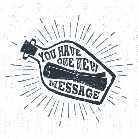 Hand drawn vintage label, retro badge with textured letter in a bottle vector illustration and "You have one new message" lettering.のイラスト素材