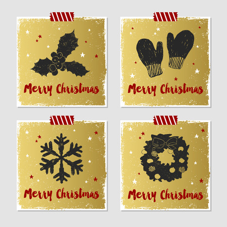 Hand drawn Christmas cards set with textured mistletoe, mittens, snowflake, and Christmas wreath vector illustrations.のイラスト素材