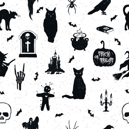 Halloween seamless pattern with hand drawn vector illustrations of an owl, tombstone, kettle, jack-o-lantern, raven, cat, witch, voodoo doll, candelabrum, skull, and bats.のイラスト素材